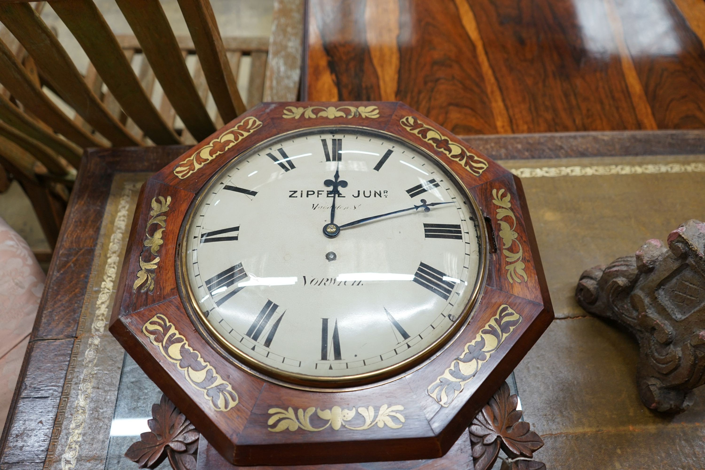 A Regency rosewood brass inlaid drop dial wall clock, width 44cm, height 60cm